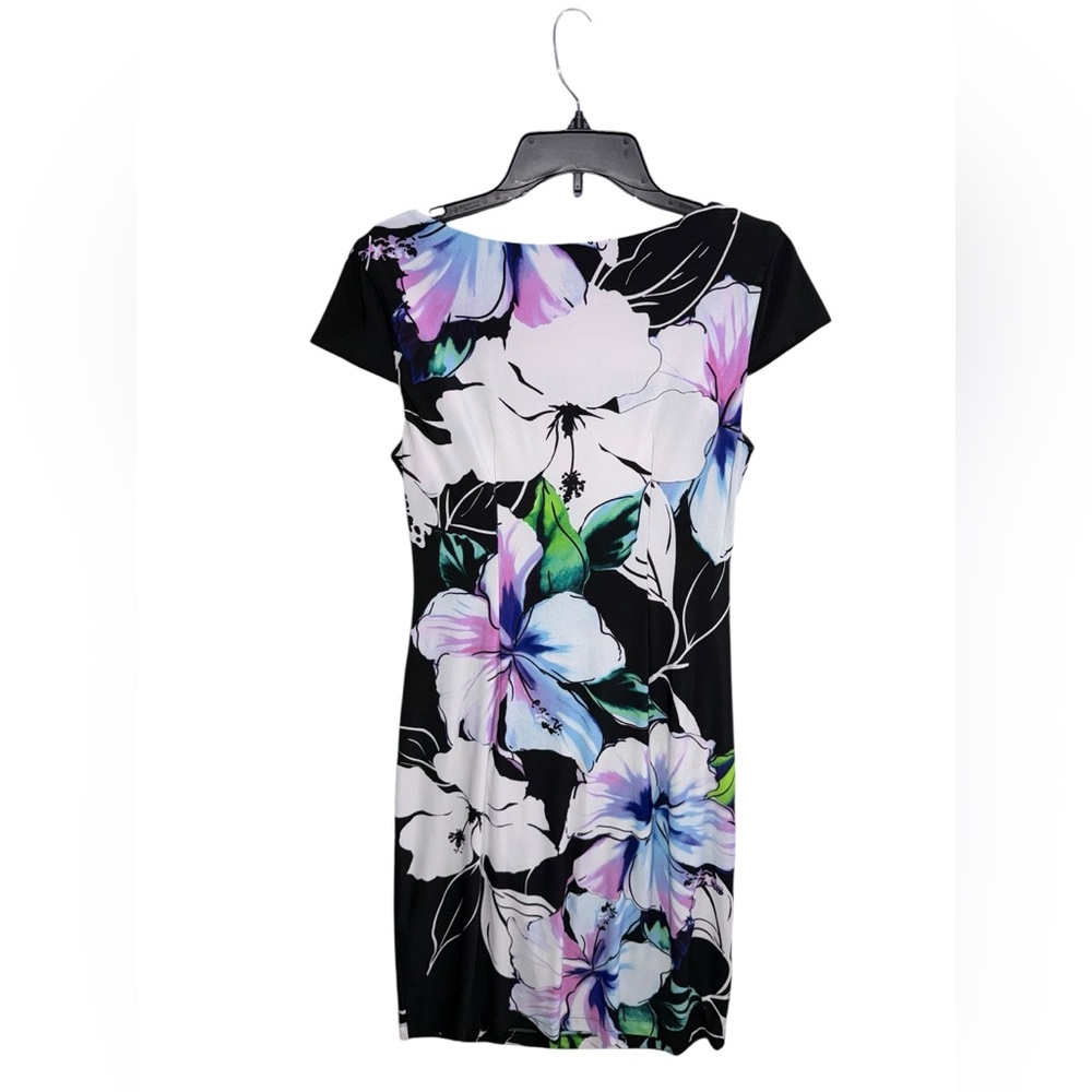 Connected Apparel Black and Purple Floral Midi Dress Size 6 - Picture 2 of 6